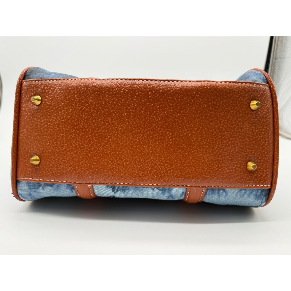 Angel Kiss Satchel Handbag Blue Tie Dye Denim Print Cognac Brown Trim Gold Tone - Picture 6 of 13